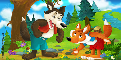 Fototapeta Naklejka Na Ścianę i Meble -  Cartoon scene of a wolf talking to the fox in the forest - illustration for children