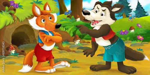 Fototapeta Naklejka Na Ścianę i Meble -  Cartoon scene of a wolf visiting fox - they are talking - illustration for children