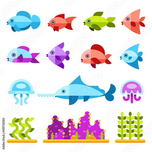 Flat marine animals vector icons. Fish sea, icon fish animal, marine fish illustration