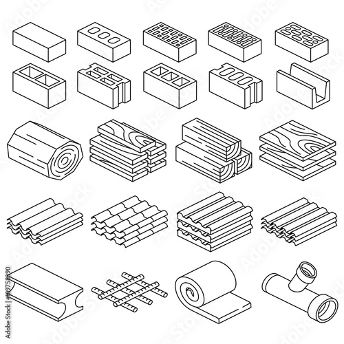 Building construction materials. 3D isometric icons. Material iron construction, roof material for construction, construction  supplies. Vector illustration photo