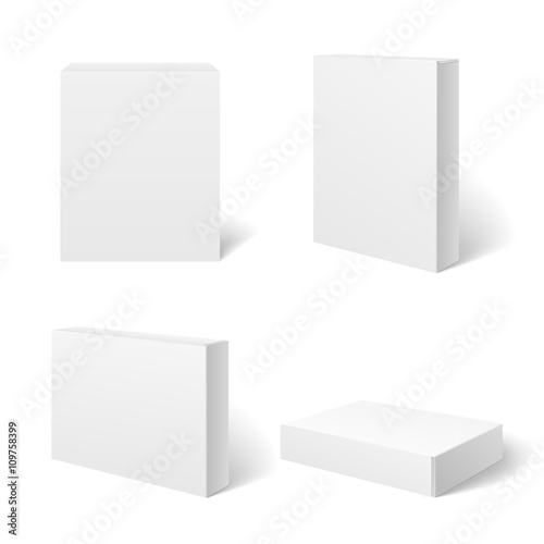 White blank cardboard package box in different positions. Vector template. Cardboard box template, box package,  box container illustration