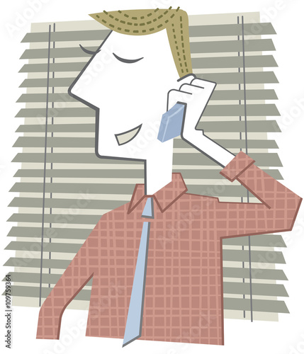 Talking on the phone. Retro style illustration of a businessman talking on the phone in front of a venetian blind.