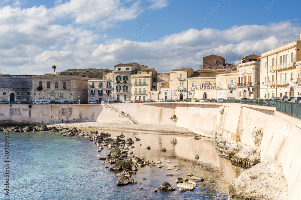 Ancient structures on the Ortigia island, Syracuse, Sicily. Italy. 