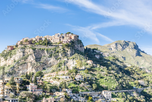 Panoramic view of the amazing town Castelmola. Taormina.  Province of Messina. Sicily, Italy.