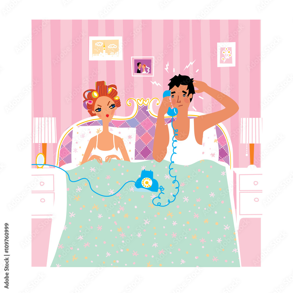 Married couple in bed. sex problem. Ex lover call. Man talking with ex  lover. Confused husband talking with ex- girlfriend. Vector. Love treason  illustration Stock Illustration | Adobe Stock