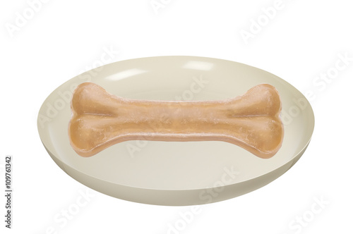 Dry dog bone in plate isolated on white background
