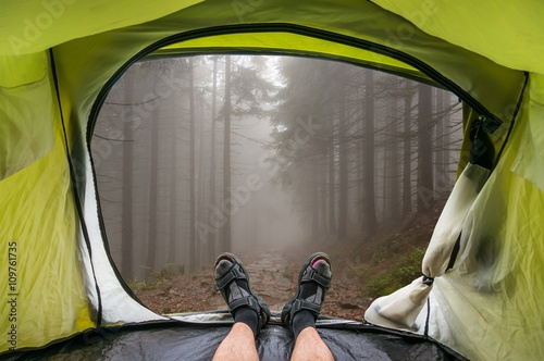 View from inside a tent on a fog in the haunted forest