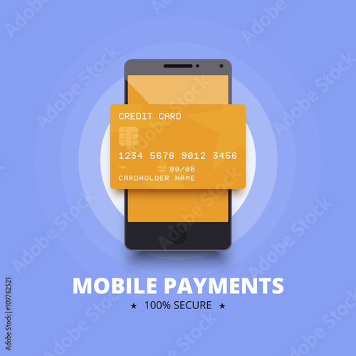 Mobile payments illustration with smartphone and credit, debit card.