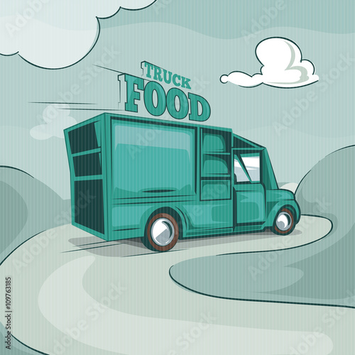 Food truck. Vintage vector monochrome background.