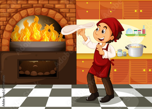 Chef making pizza at hot stove