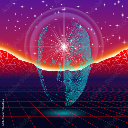 Retro wave shiny head silhouette over neon landscape
