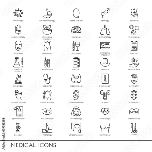 Vector line icons with medical symbols. Medical professions. Line icons of narcology, cosmetology, obstetrics, medical testing and other.
