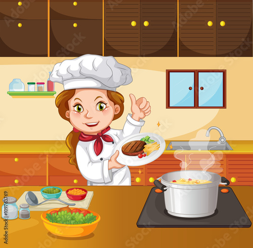 Female chef cooking in the kitchen