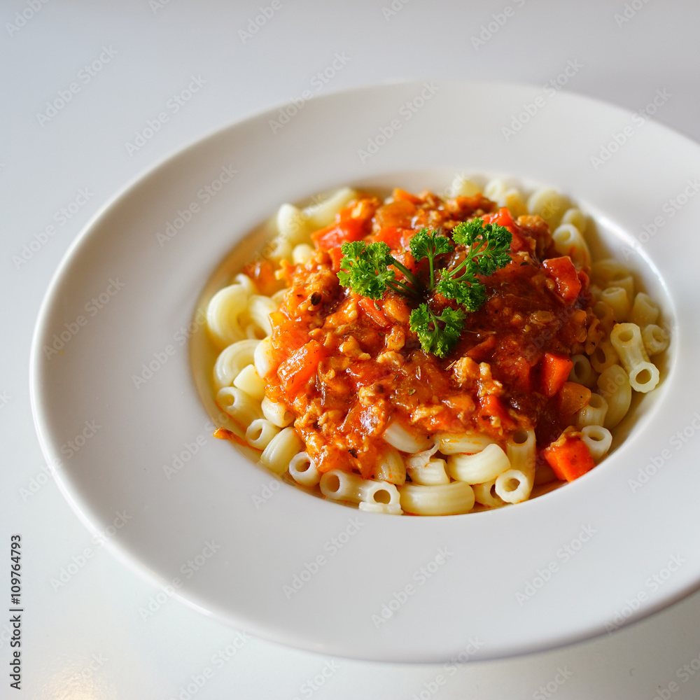 Fried macaroni with chicken . close soft focus Fried macaroni with chicken . close soft focus