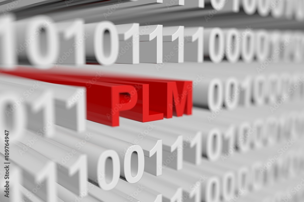 PLM as a binary code with blurred background 3D illustration