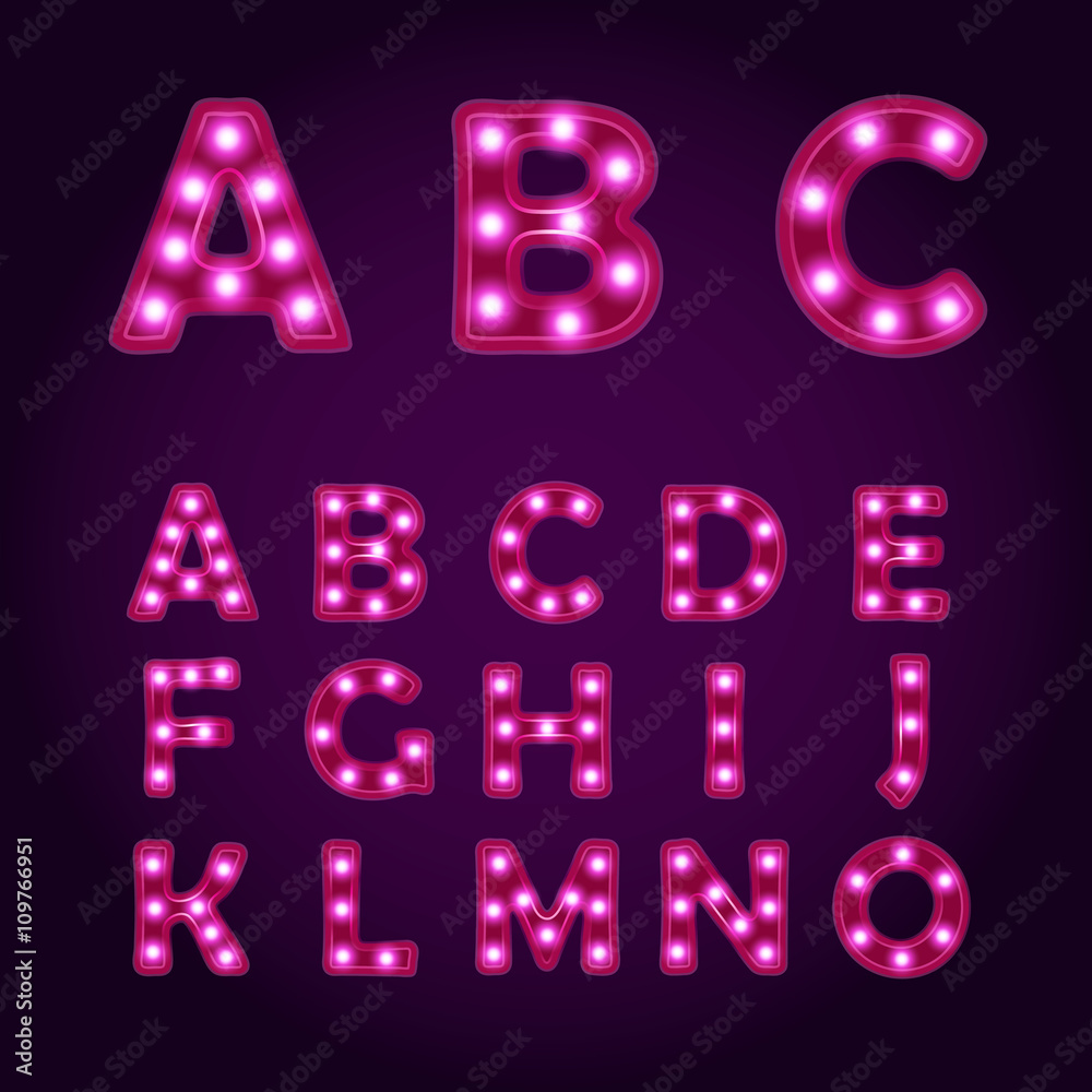 Neon light letters Alphabet ABC, vector font illustrations, Lightbulb ...