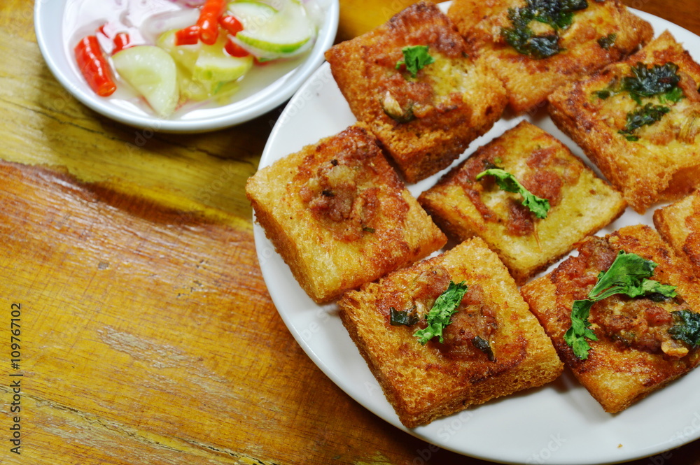 Thai pork toast eat couple with pickled vegetable sauce Thai pork toast eat couple with pickled vegetable sauce