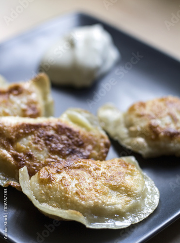 Fried dumplings (called pierogi) with sour cream. Traditional polish food.