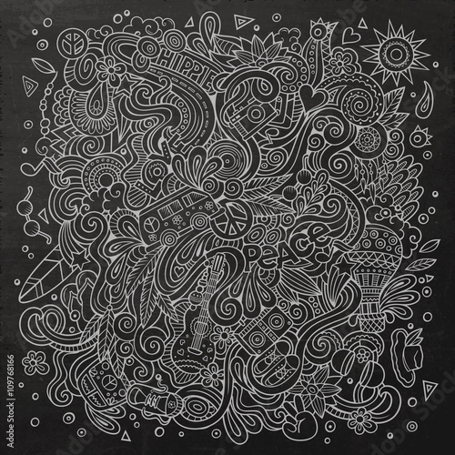 Cartoon hand-drawn doodles hippie illustration