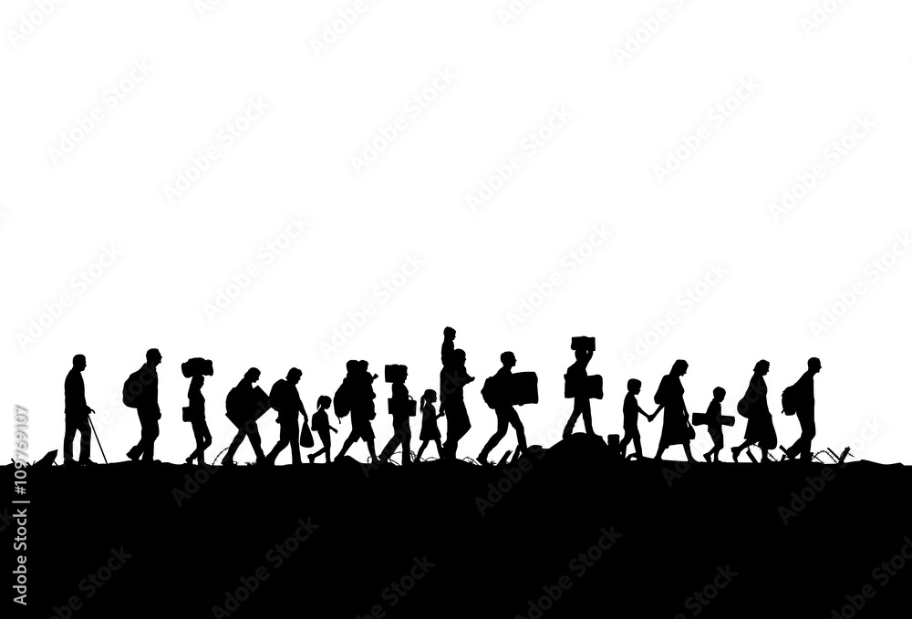 Silhouette of refugees people walking - obrazy, fototapety, plakaty 
