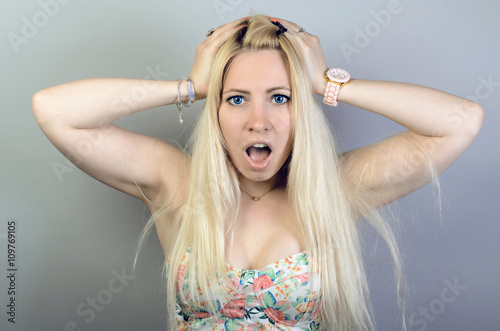 Surprise astonished woman. Closeup portrait woman looking surpri photo