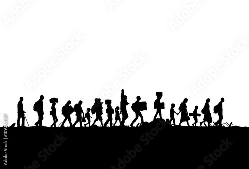 Obraz na plátně Silhouette of refugees people walking