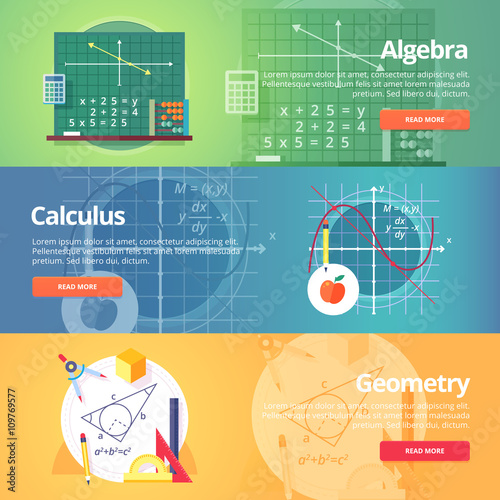 Mathematical science. Algebra. Calculus. Geometry. Exact science. Education and science banners set. Vector flat design concept.