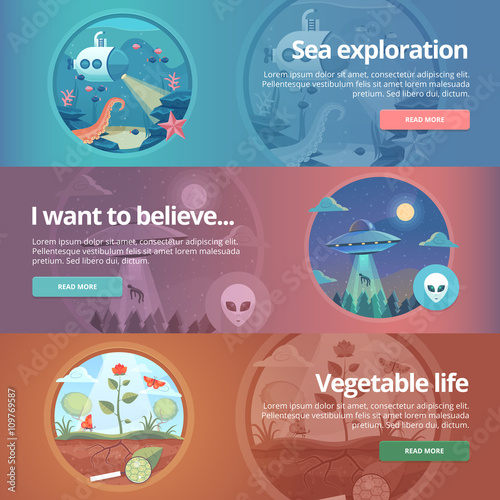 Sea exploration. Science of life. Natural science. Ufology. Flying saucer. Alien abduction. Vegetable life. Botany study. Science of plants. Education and science banners set. Vector design concept.