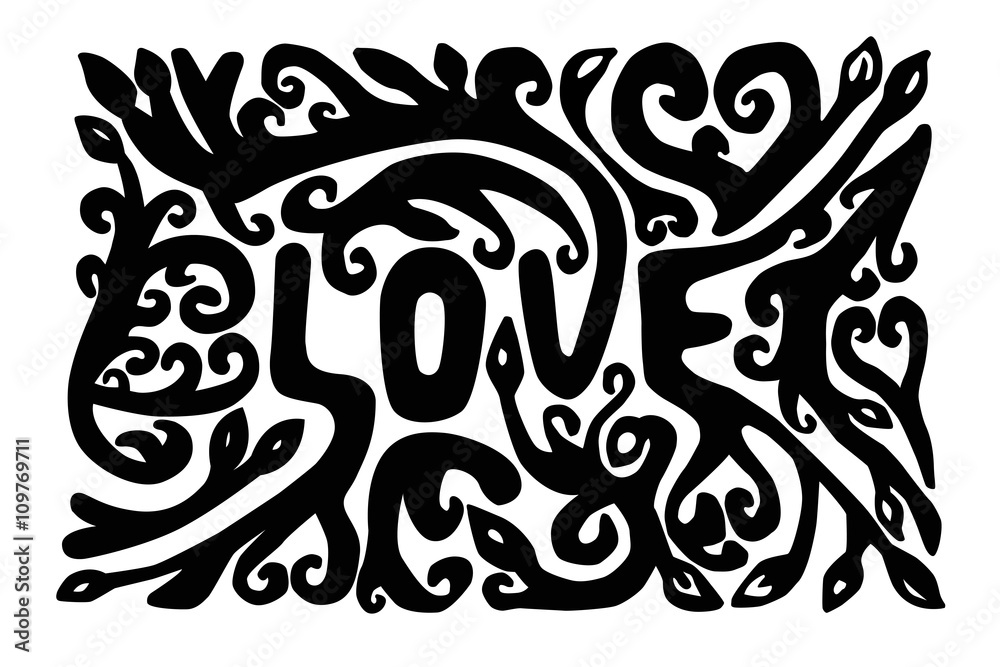 The inscription love. Poster. Card. Black and white.