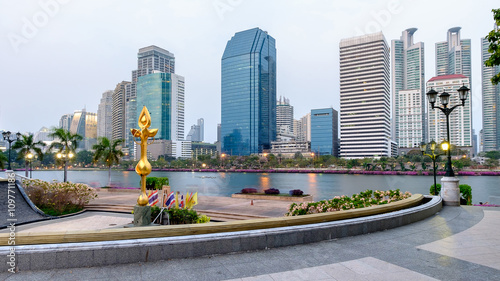 Bangkok cityscape twilight at benjakitti public park photo