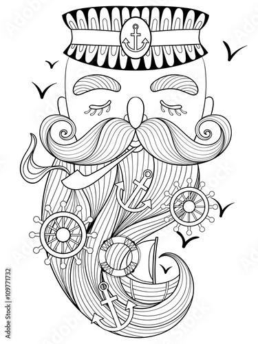 Vector zentangle old sailor smoking a pipe, captain, fisherman, 