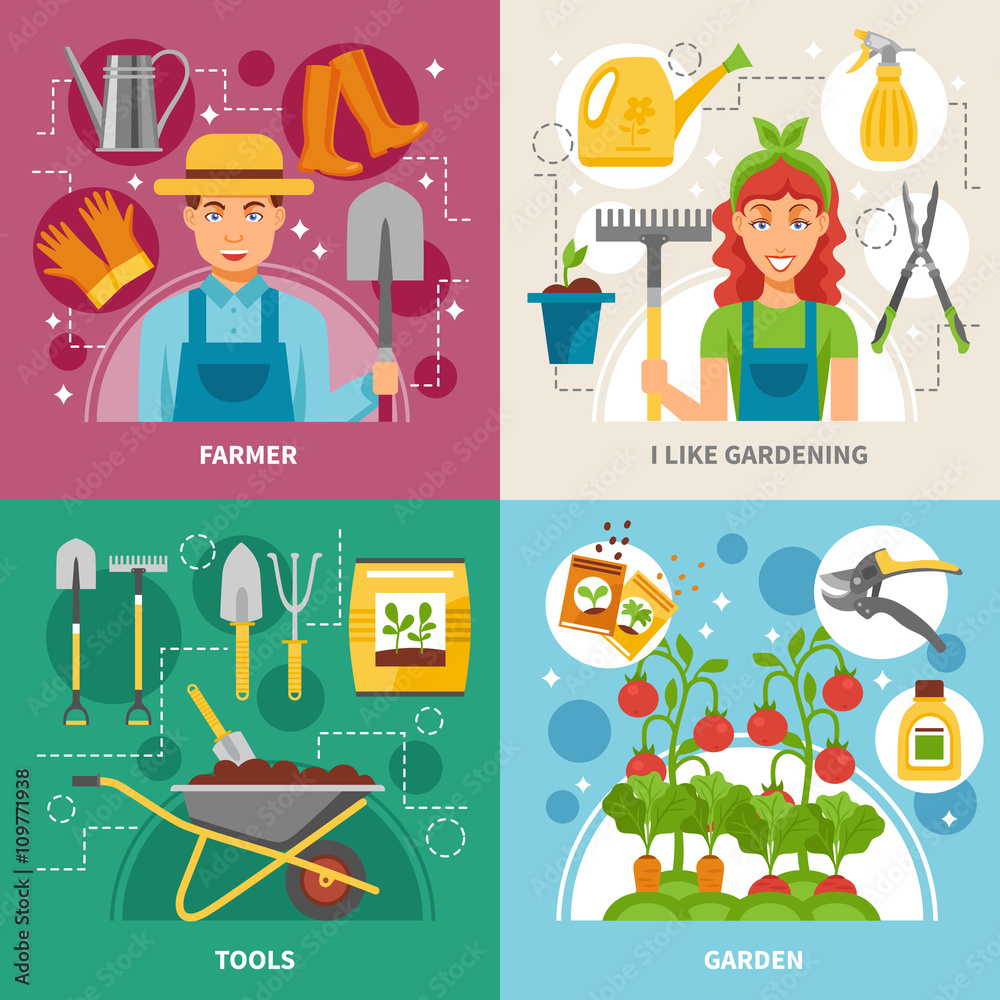 Gardening Concept 4 icons Square Banner