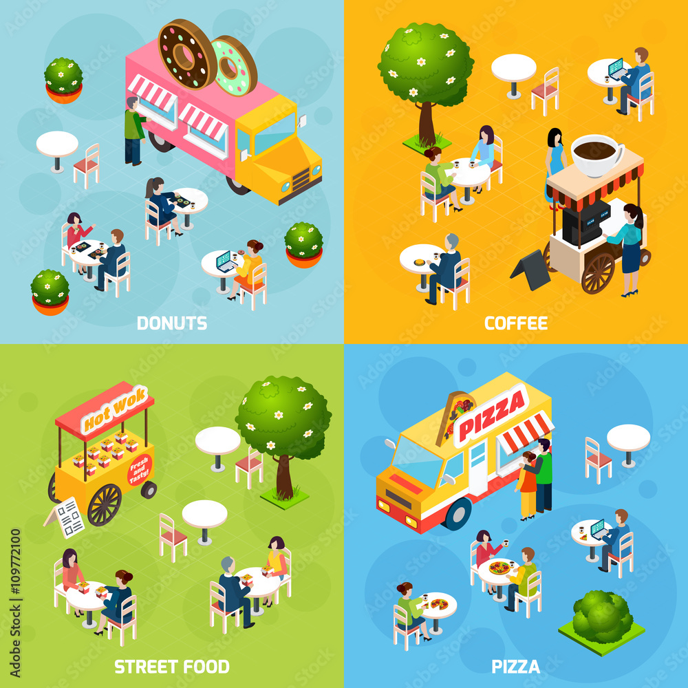Street Food Isometric 4 Icons Square Street Food Isometric 4 Icons Square