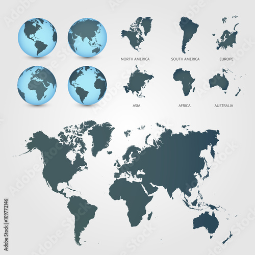 World Map with Globes detailed editable. Vector illustration.
