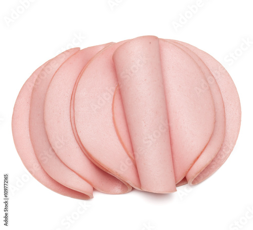 Fototapeta Naklejka Na Ścianę i Meble -  cooked boiled ham sausage or rolled bologna slices isolated on w