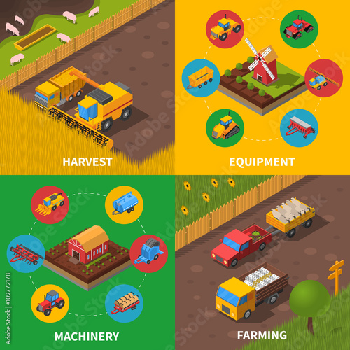 Agricultural Machinery 4 Isometric Icons Square 