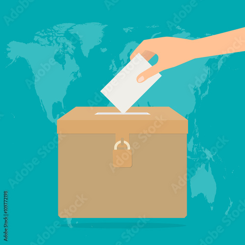 Human hand putting voting paper in the ballot box on world map.