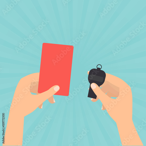 Referee hands hold a red card and whistle on sun rays green background.