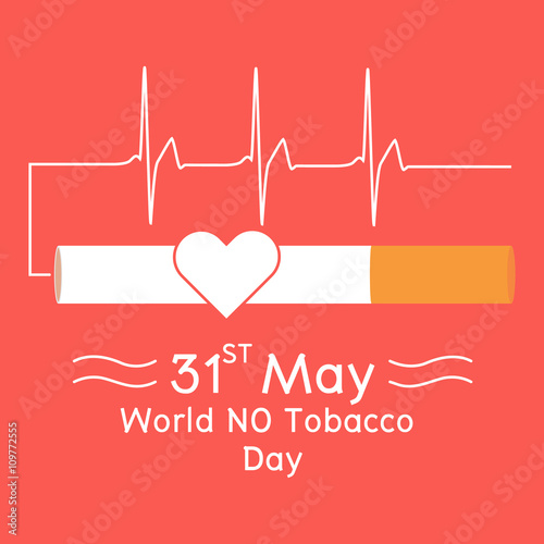 Heart in cigarette with heartbeat signal on red background.