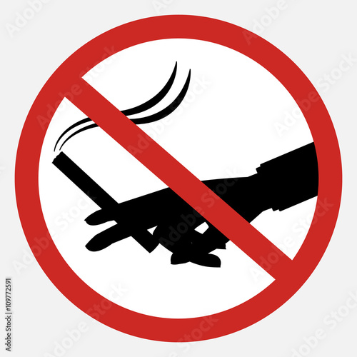 Black hand with cigarette in no smoking sign on white background