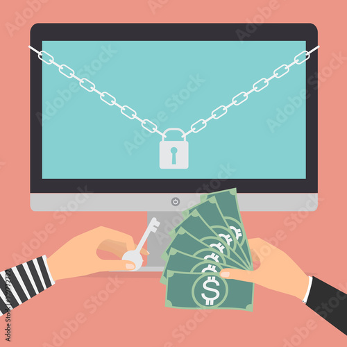 Businessman hand holding money banknote for paying the key from hacker.