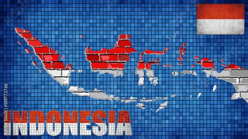 Indonesia map on a brick wall - Illustration, 
Grunge map and flag of Indonesia on a brick wall, 
Font with the Indonesia flag,
Indonesian map on a brick wall