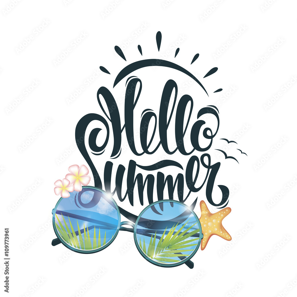 Naklejka premium Summer poster, lettering, freehand drawing, beach, sun, glasses,