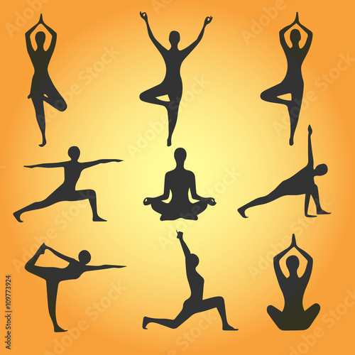 Yoga Positions. Silhouettes icons set. Vector illustration	