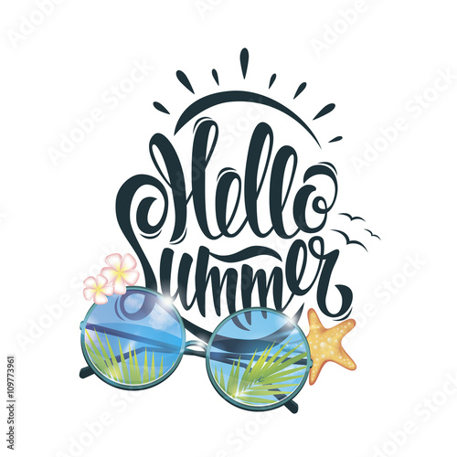 Summer poster  lettering  freehand drawing  beach  sun  glasses 