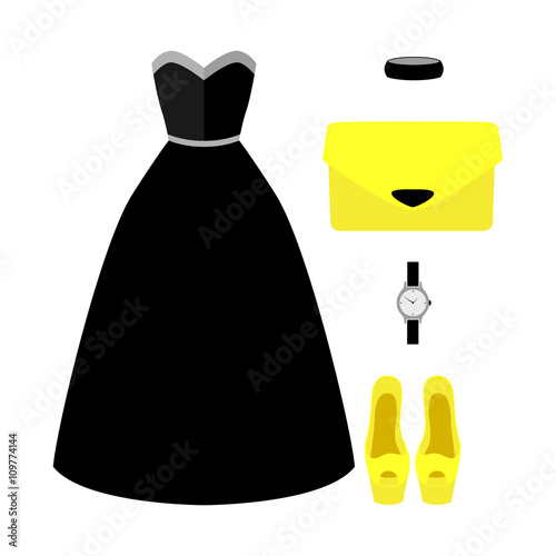 Set of trendy women's clothes with dress and accessories