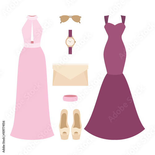 Set of trendy women's clothes with dress and accessories