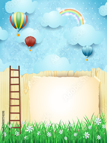 Surreal landscape with stairway and hot air balloons