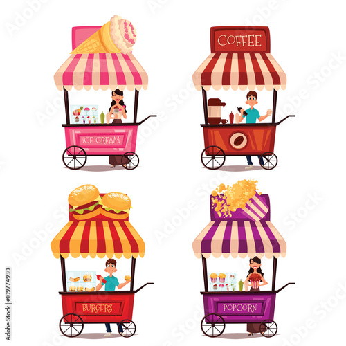 Fast food cart, vector cartoon set isolated on a white background, street selling ice cream, garburgera, burgers, hot dogs, coffee in the street, a different street fast food sellers