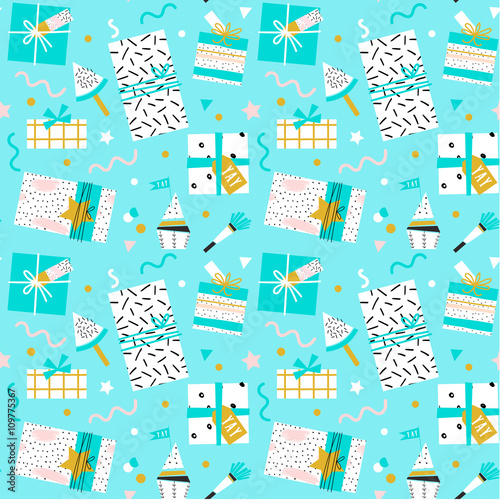 Collection of cute funny birthday item. Wedding, anniversary, birthday, Valentin's day, party invitations. Cake, cupcakes, present boxes and gift tags. Seamless pattern